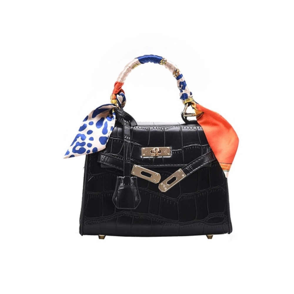 Chic Croc Embossed Faux Leather Mini Handbag w/ Strap & Twilly Scarf